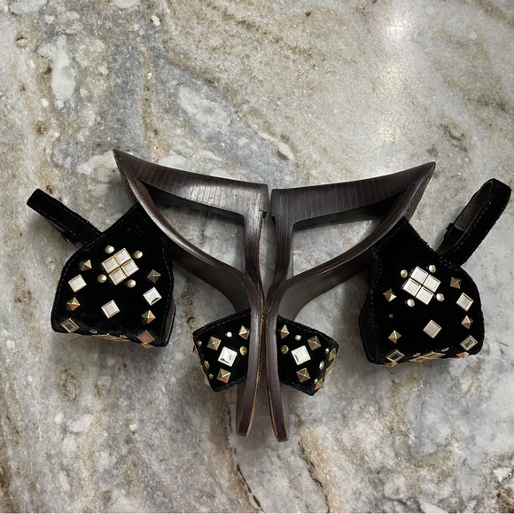 Tory Burch Kingsbridge Black Velvet Studded Wedge Sandals - Picture 8 of 14